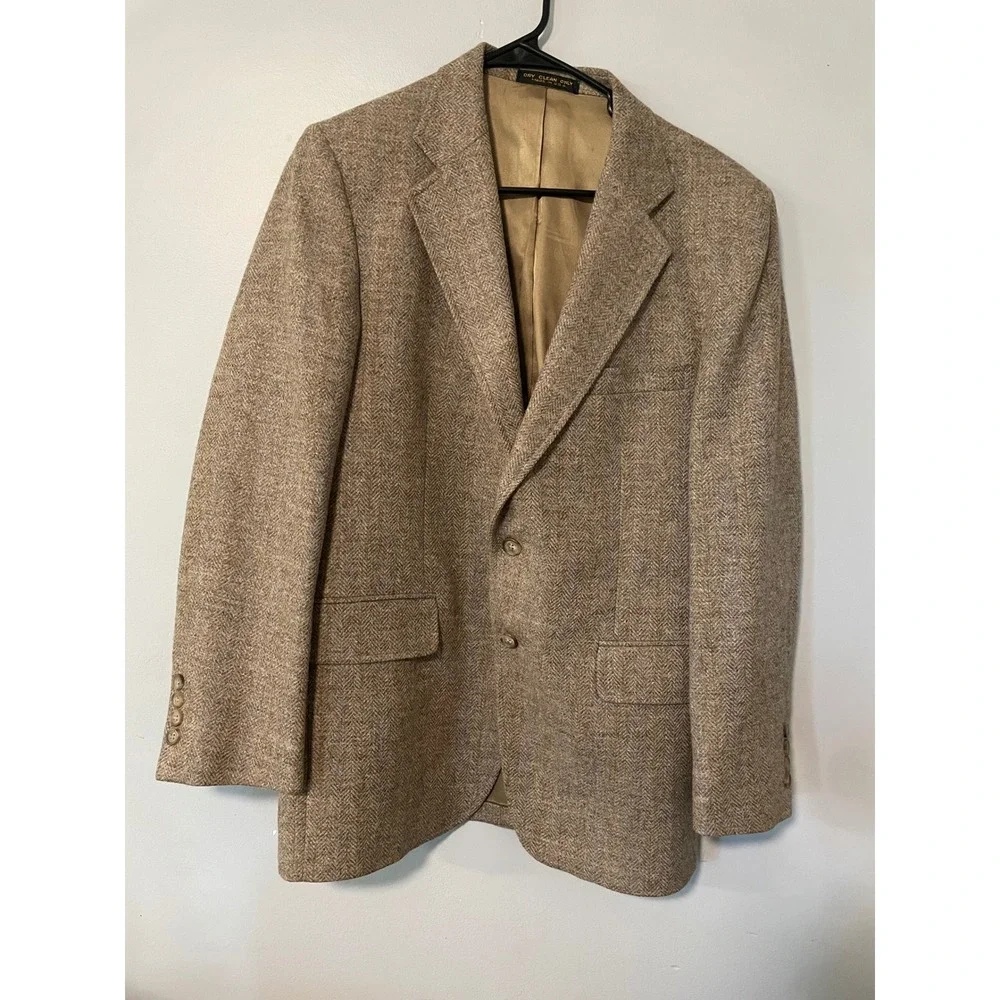 Stonehaven Mens 40S Herringbone Wool Blazer Tan Brown Hield Brothers Cloth USA